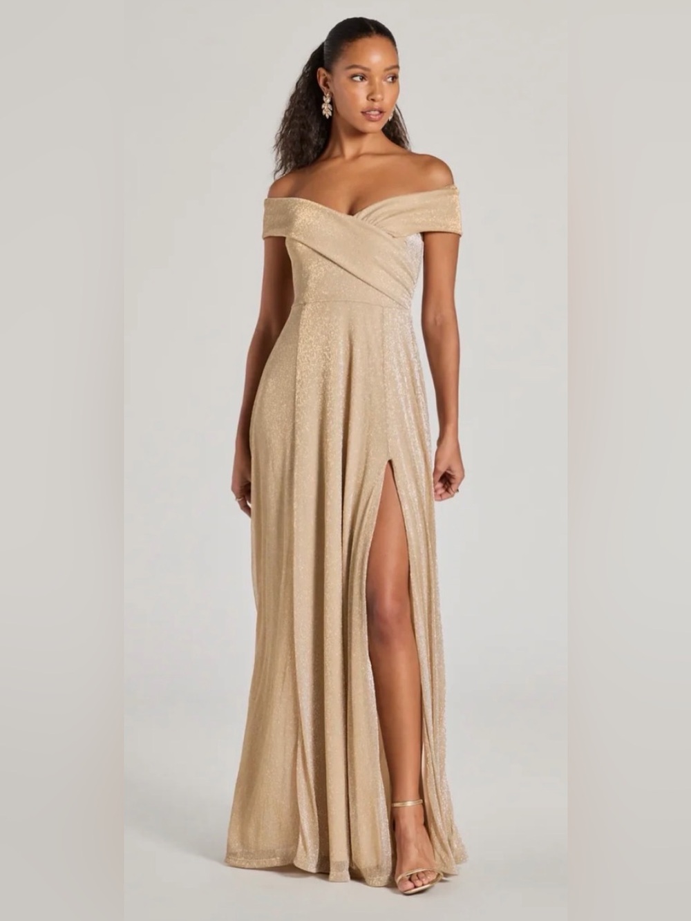Windsor Kaliyah Formal High Slit Glitter Lurex Dress Champagne Color - Size S